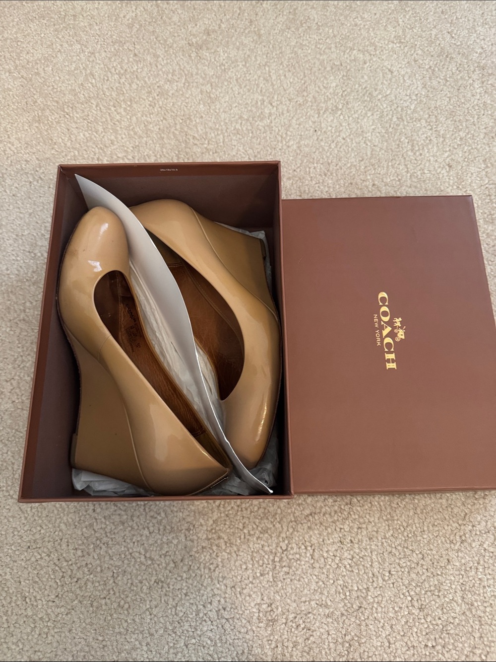 Coach Patent Leather Nude/Tan Wedge Pumps